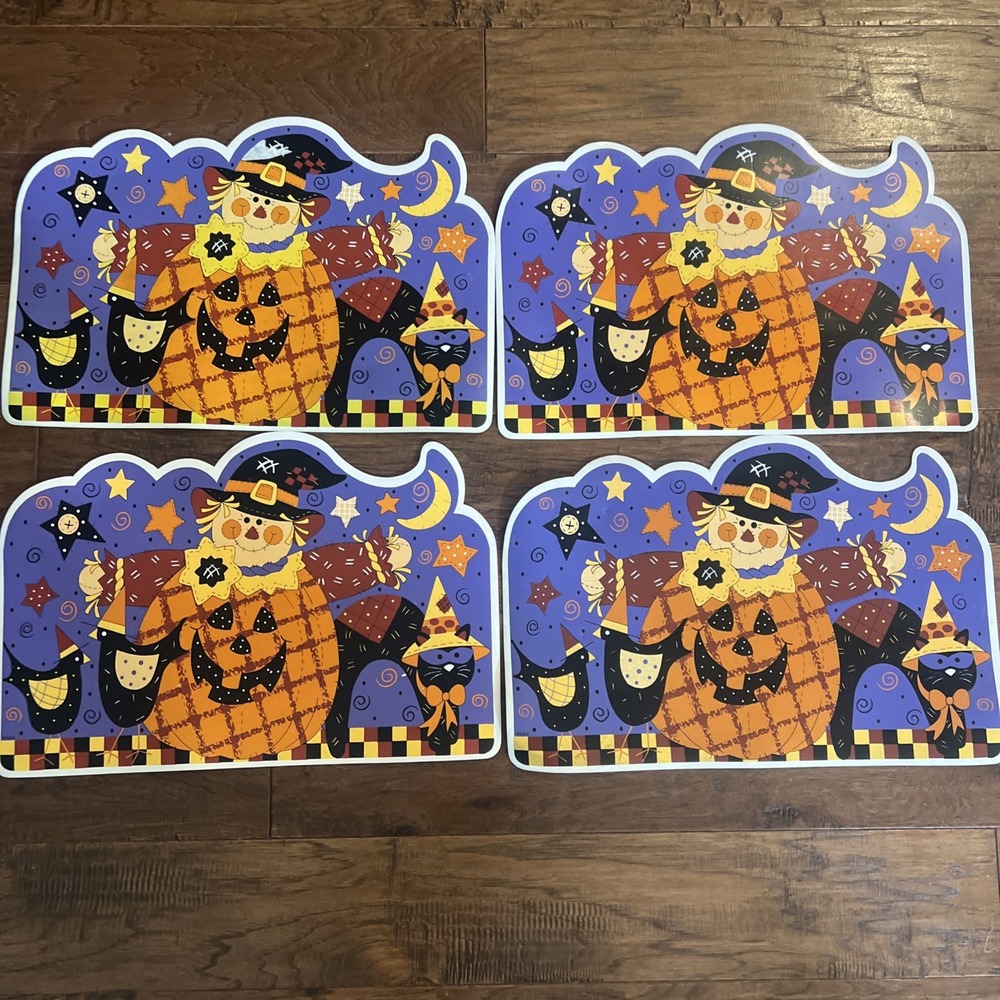 Vintage 1990s Barth Dreyfuss B&D Vinyl Foam Halloween Placemats Cat Scarecrow 4
